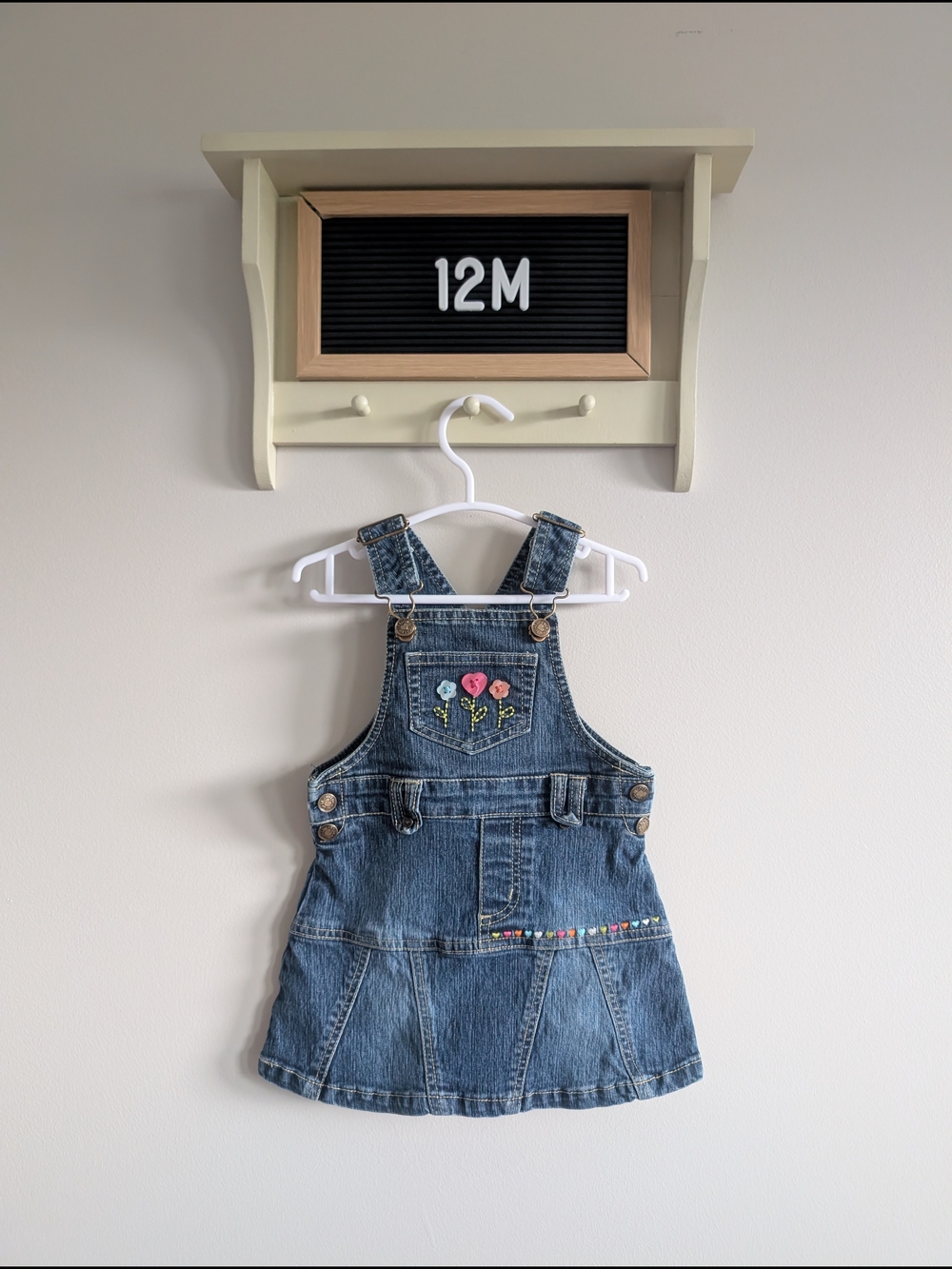 French Toast Blue Denim Floral Embroidered Overall Dress